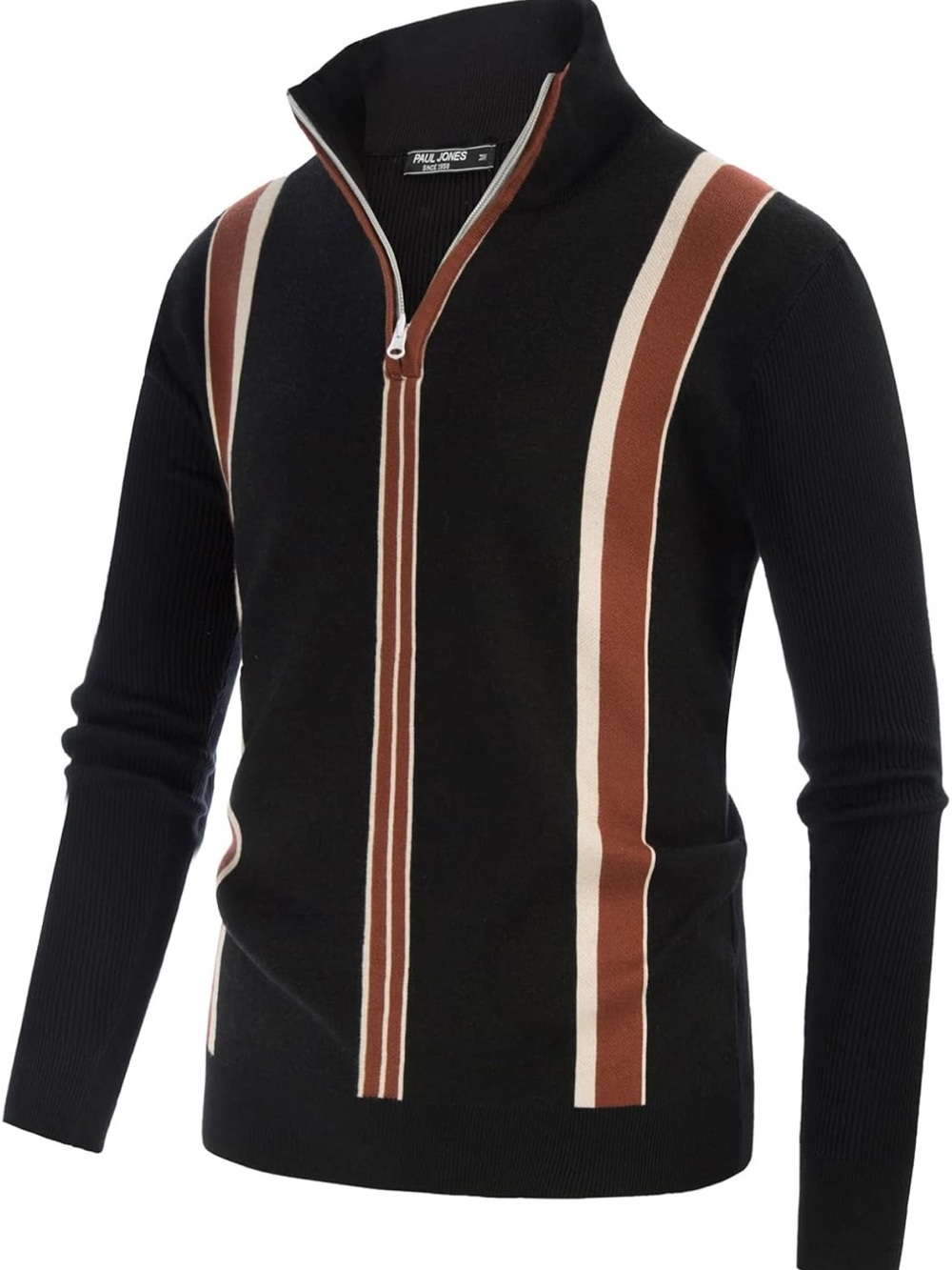 Paul Jones Black Zip Neck Striped Knit Sweater Size L Retro Mod